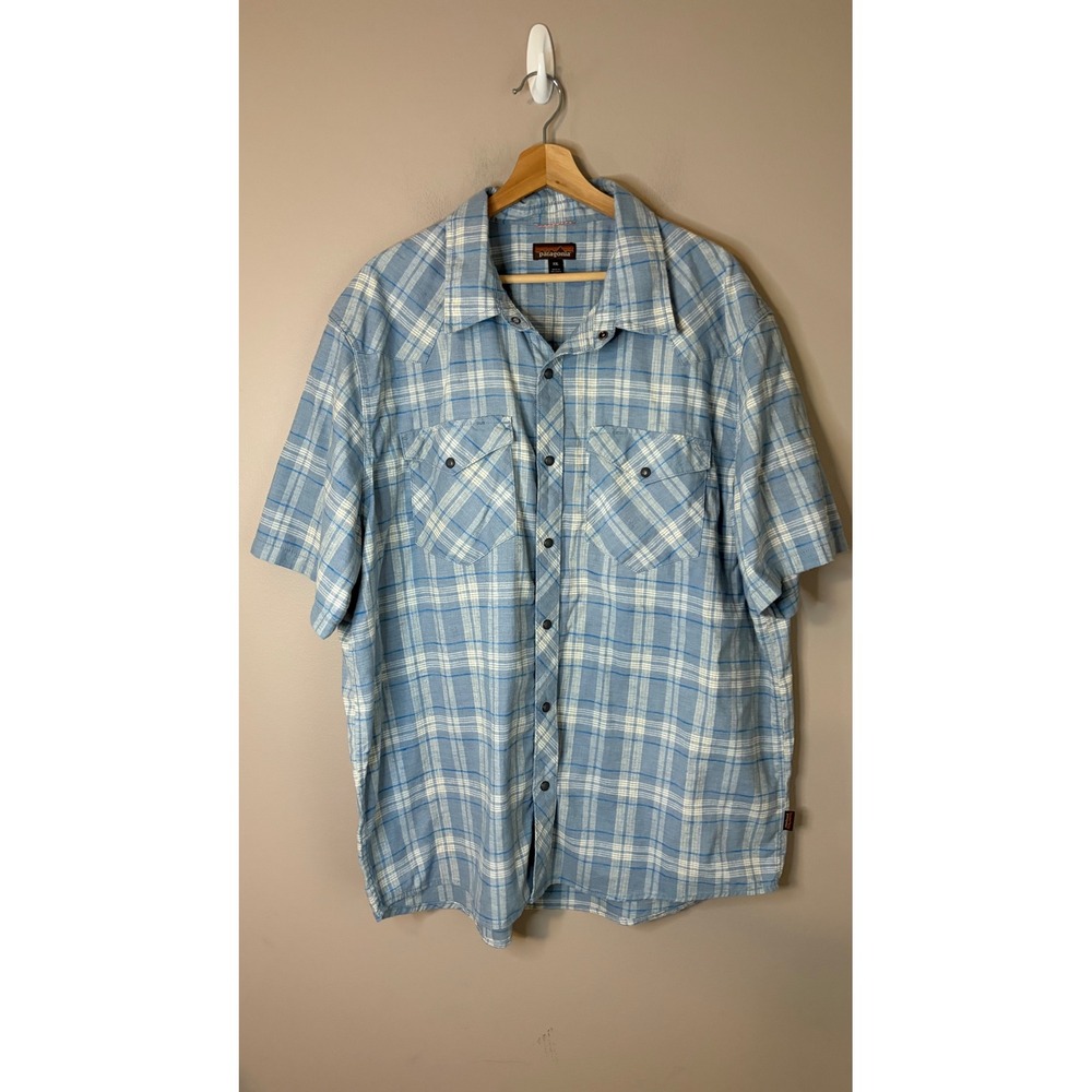 Patagonia Short Sleeve Shirt Mens XXL Blue Plaid Excellent Snap Hemp Blend